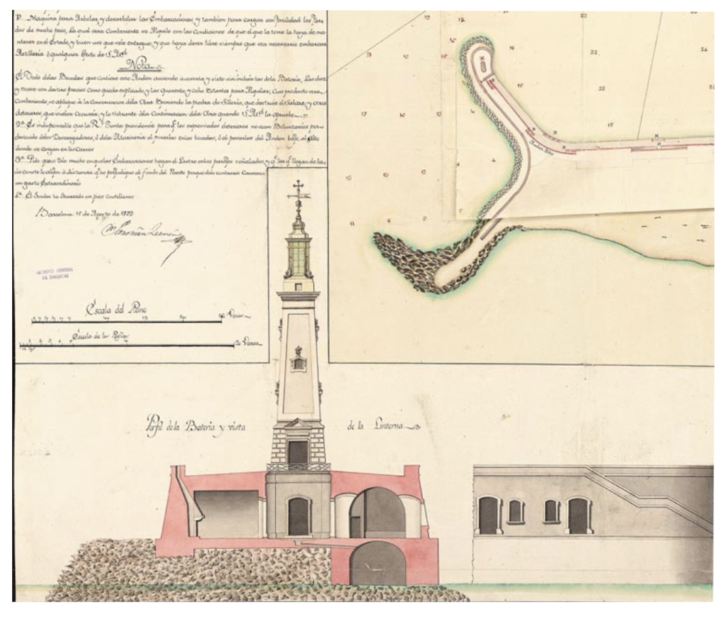 Torre Reloj Dibujo de Pedro Martín Zermeño de una torre para linterna en el muelle interior, 1772