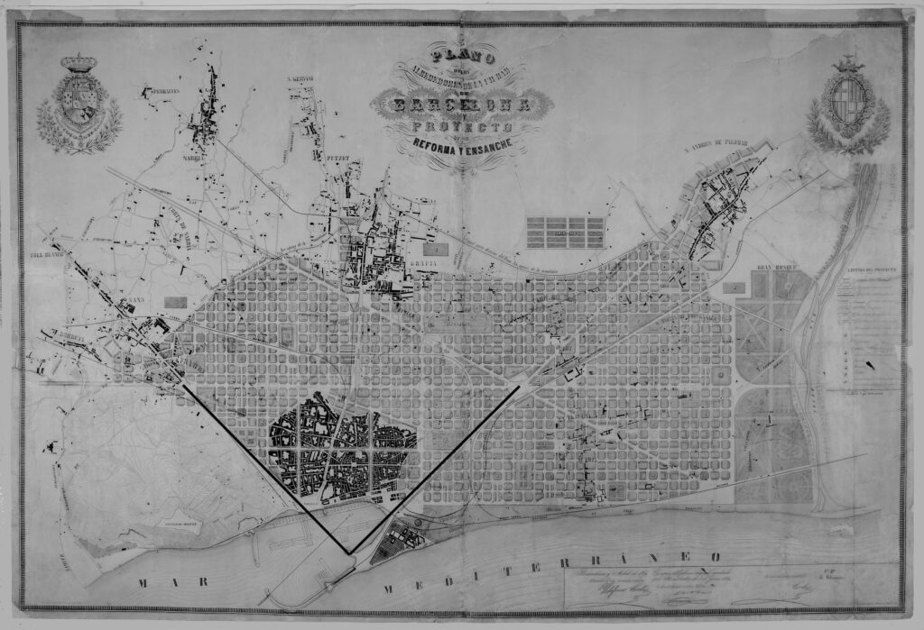 Torre Reloj Plan del Ensanche de Cerdá (1859) con la prolongación de las avenidas del Paralelo y Meridiana